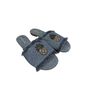 BCBG Pineapple Rhinestones Sandals Sz 8 Gennie Slides Denim Jean Fringe Shoes